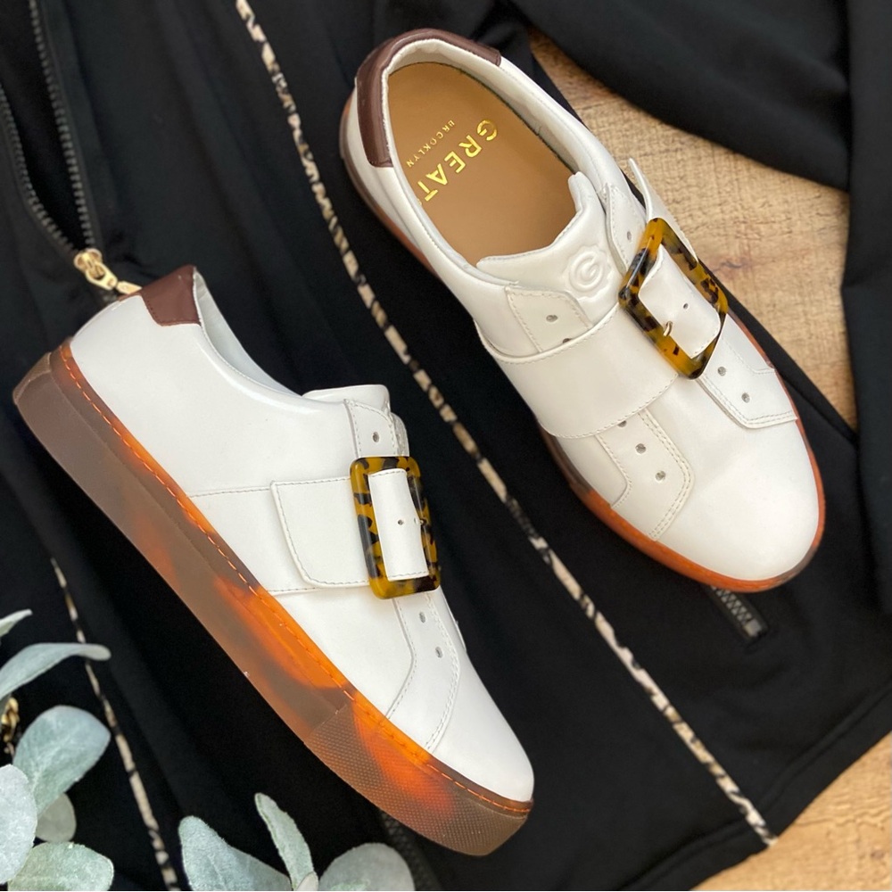 Greats Sneakers White Patent Leather Tortoise Buckle